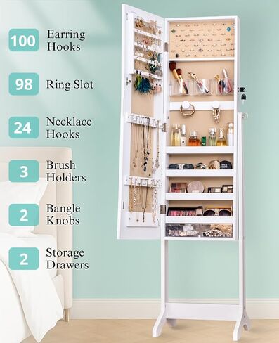 Luxfurni LED LED Mirror Jewelry Jewelet Daying Jewelry Armoire ، 60 "طول مرآة كاملة مع تخزين المجوهرات ، 3 أوضاع ملونة ، 3 زوايا قابلة للتعديل ، مرآة منظم المجوهرات القابلة للقفل ، أبيض in Kuwait