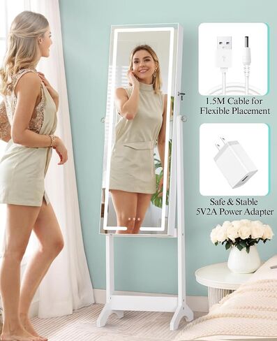Luxfurni LED LED Mirror Jewelry Jewelet Daying Jewelry Armoire ، 60 "طول مرآة كاملة مع تخزين المجوهرات ، 3 أوضاع ملونة ، 3 زوايا قابلة للتعديل ، مرآة منظم المجوهرات القابلة للقفل ، أبيض in Kuwait