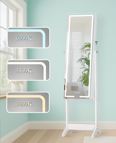 Luxfurni LED LED Mirror Jewelry Jewelet Daying Jewelry Armoire ، 60 "طول مرآة كاملة مع تخزين المجوهرات ، 3 أوضاع ملونة ، 3 زوايا قابلة للتعديل ، مرآة منظم المجوهرات القابلة للقفل ، أبيض in Kuwait