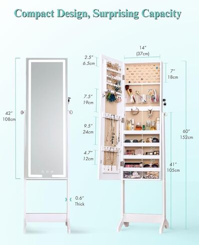 Luxfurni LED LED Mirror Jewelry Jewelet Daying Jewelry Armoire ، 60 "طول مرآة كاملة مع تخزين المجوهرات ، 3 أوضاع ملونة ، 3 زوايا قابلة للتعديل ، مرآة منظم المجوهرات القابلة للقفل ، أبيض in Kuwait