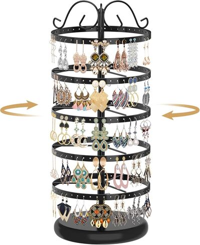 MODOWEY 5 Tiers Metal Rotating Earring Holder Organizer Stand Adjustable Display Tree, 220 Holes Large Carousel Rack for Stud Hoop Pierced Dangling Women Girls, Perfect View for All Earrings(Black) in Kuwait