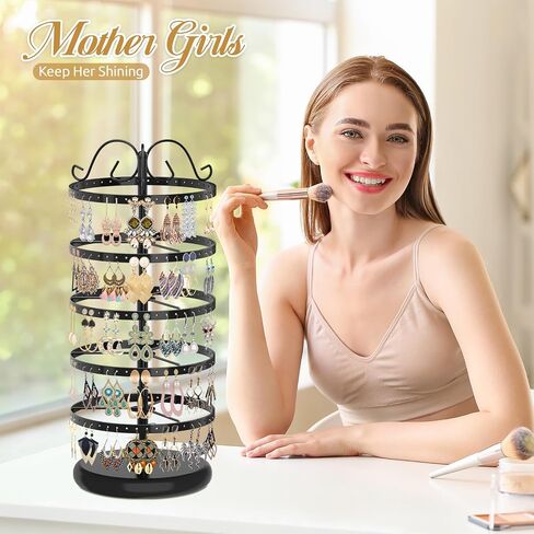 MODOWEY 5 Tiers Metal Rotating Earring Holder Organizer Stand Adjustable Display Tree, 220 Holes Large Carousel Rack for Stud Hoop Pierced Dangling Women Girls, Perfect View for All Earrings(Black) in Kuwait