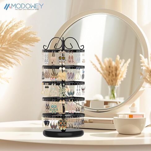 MODOWEY 5 Tiers Metal Rotating Earring Holder Organizer Stand Adjustable Display Tree, 220 Holes Large Carousel Rack for Stud Hoop Pierced Dangling Women Girls, Perfect View for All Earrings(Black) in Kuwait
