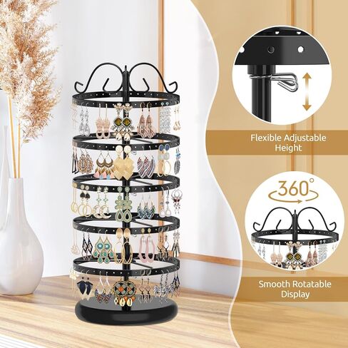 MODOWEY 5 Tiers Metal Rotating Earring Holder Organizer Stand Adjustable Display Tree, 220 Holes Large Carousel Rack for Stud Hoop Pierced Dangling Women Girls, Perfect View for All Earrings(Black) in Kuwait