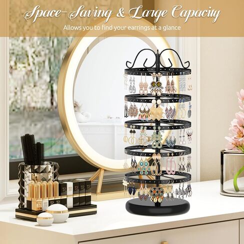 MODOWEY 5 Tiers Metal Rotating Earring Holder Organizer Stand Adjustable Display Tree, 220 Holes Large Carousel Rack for Stud Hoop Pierced Dangling Women Girls, Perfect View for All Earrings(Black) in Kuwait