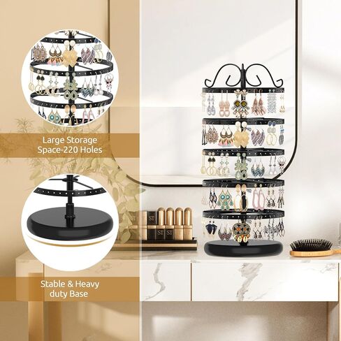 MODOWEY 5 Tiers Metal Rotating Earring Holder Organizer Stand Adjustable Display Tree, 220 Holes Large Carousel Rack for Stud Hoop Pierced Dangling Women Girls, Perfect View for All Earrings(Black) in Kuwait