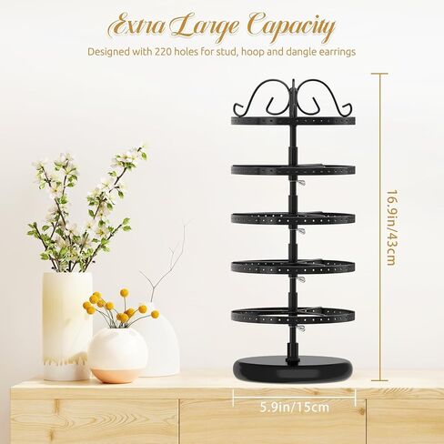 MODOWEY 5 Tiers Metal Rotating Earring Holder Organizer Stand Adjustable Display Tree, 220 Holes Large Carousel Rack for Stud Hoop Pierced Dangling Women Girls, Perfect View for All Earrings(Black) in Kuwait