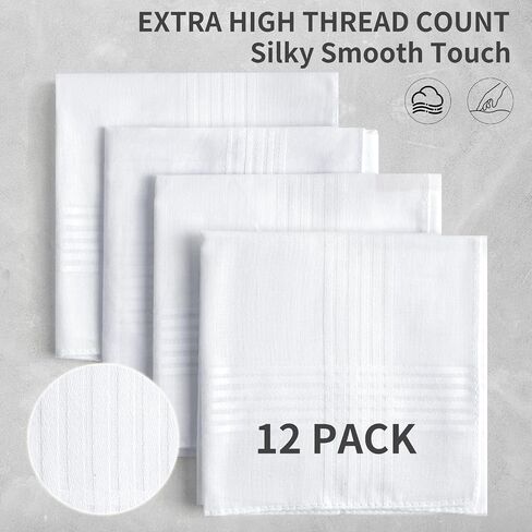 12 Pack Handkerchiefs for men, 100% Soft Cotton 16x16 Inch Men's Handkerchiefs, White Classic Pocket Hankies in Kuwait