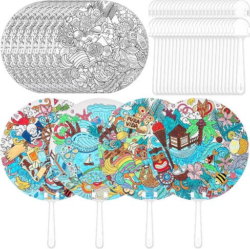 Geelin 24 Pcs Summer Theme Round Handheld Fans Set Hand DIY Painting Including Paper Fans and Plastic Handle Beach Pattern Style for Lula Party Favors Church Women Men Decoration Outdoor Games in Saudi Arabia