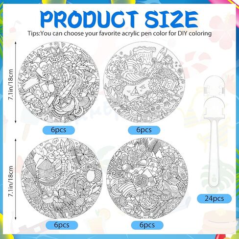 Geelin 24 Pcs Summer Theme Round Handheld Fans Set Hand DIY Painting Including Paper Fans and Plastic Handle Beach Pattern Style for Lula Party Favors Church Women Men Decoration Outdoor Games in Saudi Arabia
