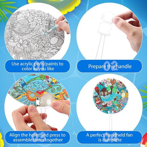 Geelin 24 Pcs Summer Theme Round Handheld Fans Set Hand DIY Painting Including Paper Fans and Plastic Handle Beach Pattern Style for Lula Party Favors Church Women Men Decoration Outdoor Games in Saudi Arabia