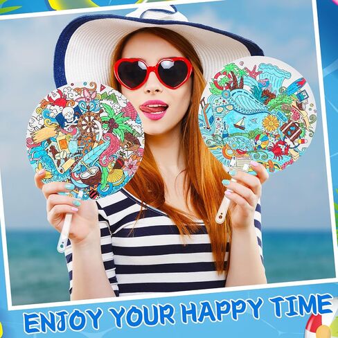 Geelin 24 Pcs Summer Theme Round Handheld Fans Set Hand DIY Painting Including Paper Fans and Plastic Handle Beach Pattern Style for Lula Party Favors Church Women Men Decoration Outdoor Games in Saudi Arabia