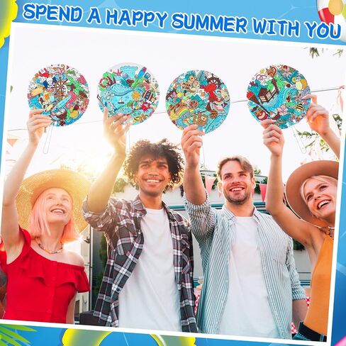 Geelin 24 Pcs Summer Theme Round Handheld Fans Set Hand DIY Painting Including Paper Fans and Plastic Handle Beach Pattern Style for Lula Party Favors Church Women Men Decoration Outdoor Games in Saudi Arabia