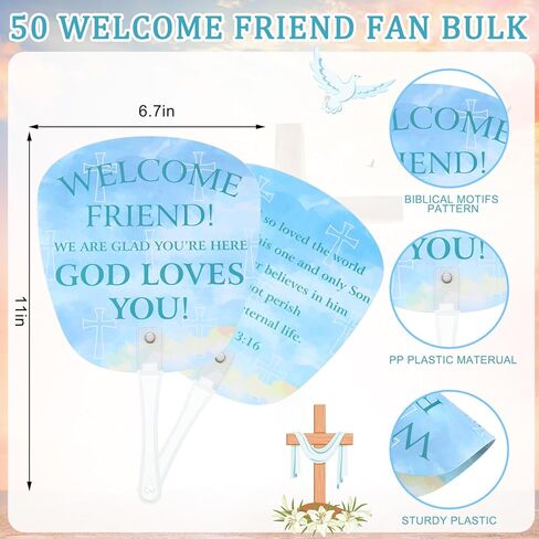 Geelin 50 Pcs Welcome to Our Church Fan Bulk Christian John 3: 16 Plastic Handheld Welcome Friend Summer Plastic Fan for Church Services Outdoor Worship Services Bible Party Decorations Gifts in Saudi Arabia