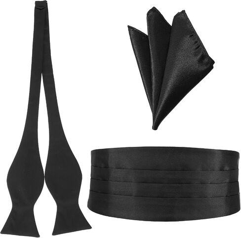 Men‘s Cumberbund and Bow Tie Set, Adjustable Satin Cummerbund Black with Pocket Squares Bow Ties for Men, Solid Color Elegant Tuxedo 3-Pieces Set for Formal Events in Saudi Arabia