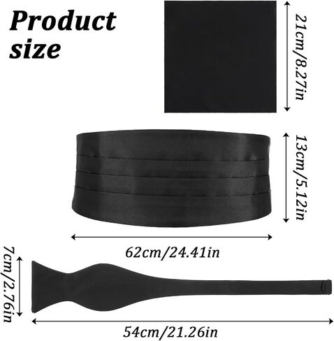 Men‘s Cumberbund and Bow Tie Set, Adjustable Satin Cummerbund Black with Pocket Squares Bow Ties for Men, Solid Color Elegant Tuxedo 3-Pieces Set for Formal Events in Saudi Arabia