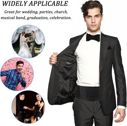Men‘s Cumberbund and Bow Tie Set, Adjustable Satin Cummerbund Black with Pocket Squares Bow Ties for Men, Solid Color Elegant Tuxedo 3-Pieces Set for Formal Events in Saudi Arabia