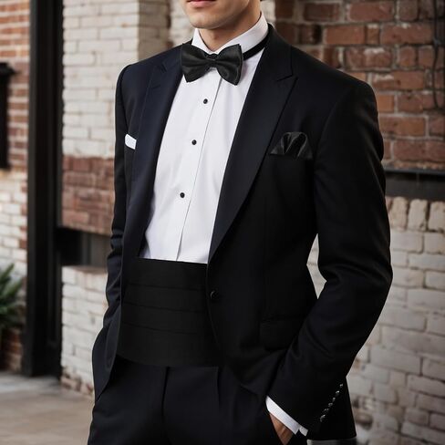 Men‘s Cumberbund and Bow Tie Set, Adjustable Satin Cummerbund Black with Pocket Squares Bow Ties for Men, Solid Color Elegant Tuxedo 3-Pieces Set for Formal Events in Saudi Arabia
