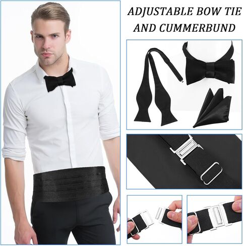 Men‘s Cumberbund and Bow Tie Set, Adjustable Satin Cummerbund Black with Pocket Squares Bow Ties for Men, Solid Color Elegant Tuxedo 3-Pieces Set for Formal Events in Saudi Arabia
