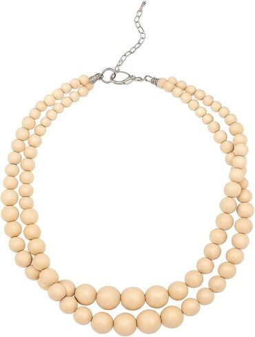 Shop LC Wood Mix Stainless Steel Double Row Beaded Necklace for Women Jewelry Size 18" Birthday Gifts for Women in Saudi Arabia