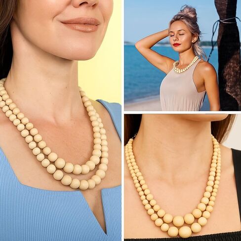 Shop LC Wood Mix Stainless Steel Double Row Beaded Necklace for Women Jewelry Size 18" Birthday Gifts for Women in Saudi Arabia
