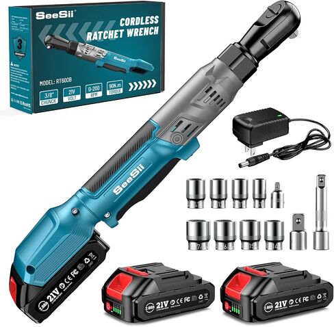 Seesii 3/8" Cordless Ratchet Wrench, 66Ft-lbs 200RPM Ratchet Wrench, 2 * 21V Rechargeable Power Electric Ratchet Driver with Variable Speed, 7 Sockets, 1/4" and 1/2" Adapter, 3" Extension Bar in Saudi Arabia