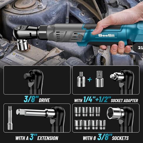 Seesii 3/8" Cordless Ratchet Wrench, 66Ft-lbs 200RPM Ratchet Wrench, 2 * 21V Rechargeable Power Electric Ratchet Driver with Variable Speed, 7 Sockets, 1/4" and 1/2" Adapter, 3" Extension Bar in Saudi Arabia