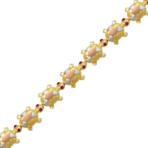 14K Tricolor Gold Fancy 11 Turtle Bracelet – Nice Red CZ Women Fancy jewelry Gift – Size 7 Inches in Saudi Arabia