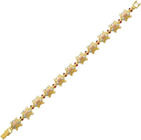 14K Tricolor Gold Fancy 11 Turtle Bracelet – Nice Red CZ Women Fancy jewelry Gift – Size 7 Inches in Saudi Arabia
