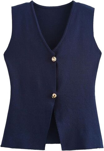 FindThy Women’s Cropped Knit Vest V Neck Button Up Solid Color Sleeveless Gilet Tank Tops in Saudi Arabia