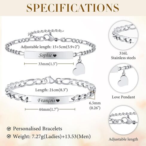 Personalized Matching Bracelet for Couple - Free Engraving Custom Couples Bracelets,Hypoallergenic Adjustable Stainless Steel Long Distance Relationship Jewelry,Promise Bracelet Gifts for Him and Her in Kuwait