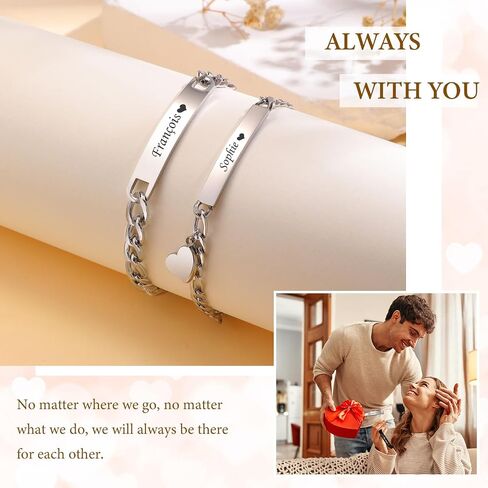 Personalized Matching Bracelet for Couple - Free Engraving Custom Couples Bracelets,Hypoallergenic Adjustable Stainless Steel Long Distance Relationship Jewelry,Promise Bracelet Gifts for Him and Her in Kuwait