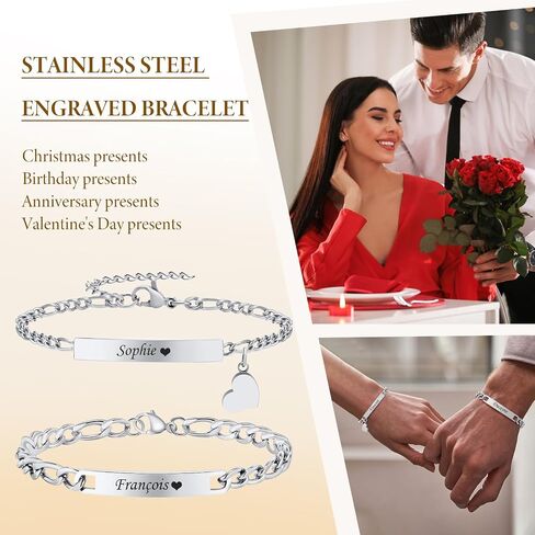 Personalized Matching Bracelet for Couple - Free Engraving Custom Couples Bracelets,Hypoallergenic Adjustable Stainless Steel Long Distance Relationship Jewelry,Promise Bracelet Gifts for Him and Her in Kuwait