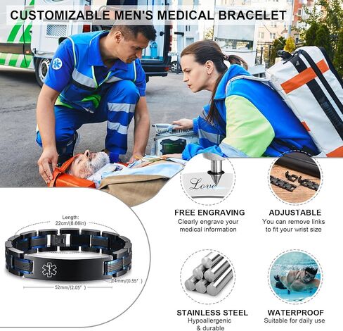Gamtic Medical Alert Bracelets for Men Customizable, Stainless Steel Watch Band Medic Emergency ID Bracelet, Waterproof Personalized Life Alert Bracelet Products for Women Men Elderly in Saudi Arabia