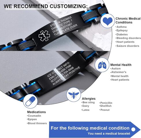 Gamtic Medical Alert Bracelets for Men Customizable, Stainless Steel Watch Band Medic Emergency ID Bracelet, Waterproof Personalized Life Alert Bracelet Products for Women Men Elderly in Saudi Arabia