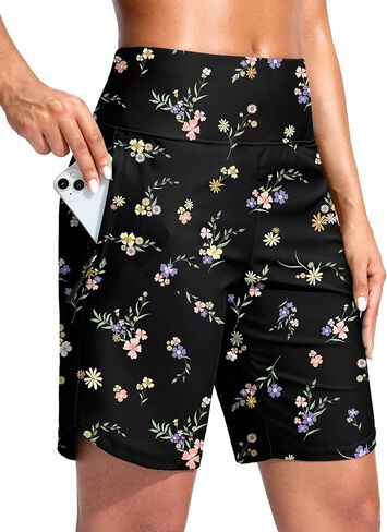 G Gradual Women's 9" Long Swim Board Shorts with Zipper Pockets High Waisted Knee Length Beach Swimming Shorts with Liner in Kuwait