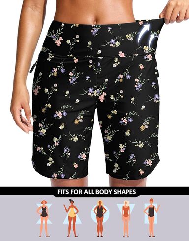 G Gradual Women's 9" Long Swim Board Shorts with Zipper Pockets High Waisted Knee Length Beach Swimming Shorts with Liner in Kuwait