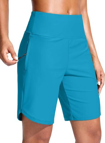 G Gradual Women's 9" Long Swim Board Shorts with Zipper Pockets High Waisted Knee Length Beach Swimming Shorts with Liner in Kuwait