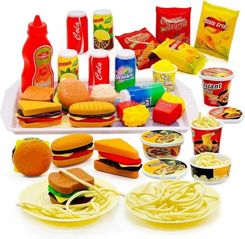Pretend Play Kitchen Food Set for Kids Hamburger Fries Noodles Drink with Tray Playset,Play House Kitchen Accessories Role Toys Birthday Gifts for Boys Girls 3 4 5 Yrs (31Pcs Hamburger Chips) in Kuwait