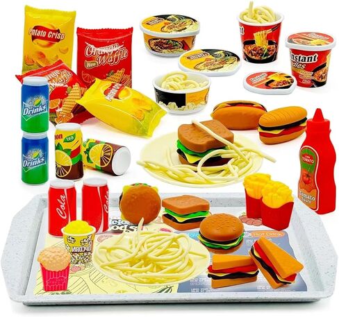 Pretend Play Kitchen Food Set for Kids Hamburger Fries Noodles Drink with Tray Playset,Play House Kitchen Accessories Role Toys Birthday Gifts for Boys Girls 3 4 5 Yrs (31Pcs Hamburger Chips) in Kuwait