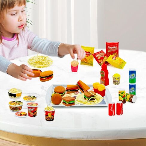 Pretend Play Kitchen Food Set for Kids Hamburger Fries Noodles Drink with Tray Playset,Play House Kitchen Accessories Role Toys Birthday Gifts for Boys Girls 3 4 5 Yrs (31Pcs Hamburger Chips) in Kuwait