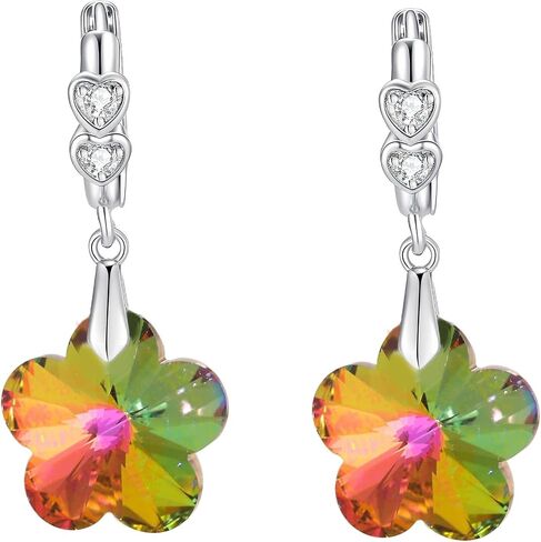 EVEVIC Trendy Austrian Crystal Flower Drop Leverback Earrings for Women 14k White Gold Plated Huggie Earring Hypoallergenic Jewelry Gift in Saudi Arabia