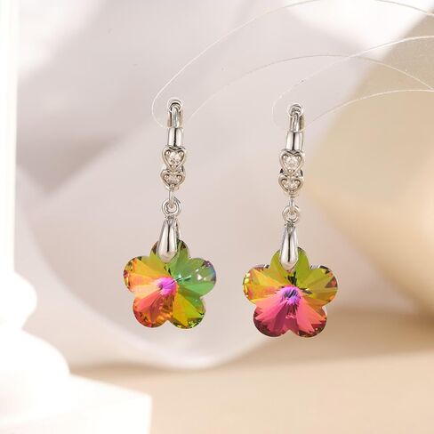 EVEVIC Trendy Austrian Crystal Flower Drop Leverback Earrings for Women 14k White Gold Plated Huggie Earring Hypoallergenic Jewelry Gift in Saudi Arabia