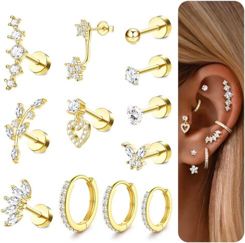 16 Gauge Cartilage Earrings for Women - 14K Gold Plated Flat Back Earrings Hypoallergenic Surgical Stainless Steel Stud Hoop Cartilage Earrings Set Daith Conch Tragus Helix Piercing Jewelry in Saudi Arabia