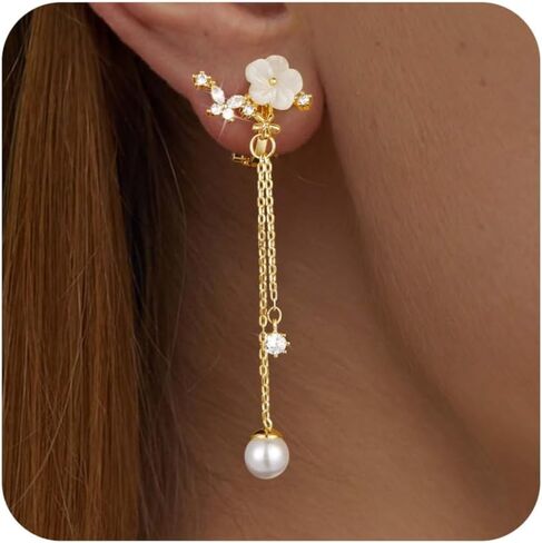 Clip on Earrings Dangle Pearl Drop Clip Earrings for Women Trendy Dangle Chain Dainty Flower Wedding Earrings for Brides 14K Gold Plated Statement Non Pierced Earrings for Women Sparkly Jewelry in Saudi Arabia