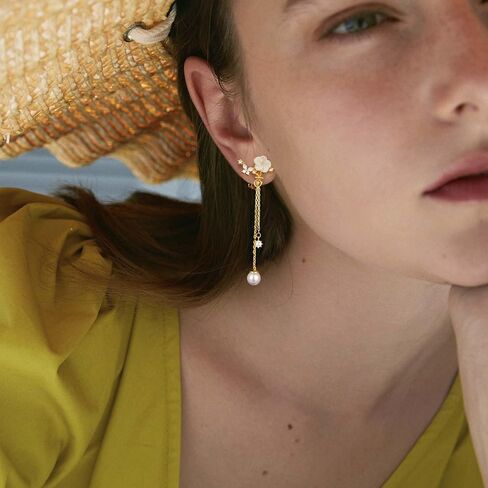 Clip on Earrings Dangle Pearl Drop Clip Earrings for Women Trendy Dangle Chain Dainty Flower Wedding Earrings for Brides 14K Gold Plated Statement Non Pierced Earrings for Women Sparkly Jewelry in Saudi Arabia