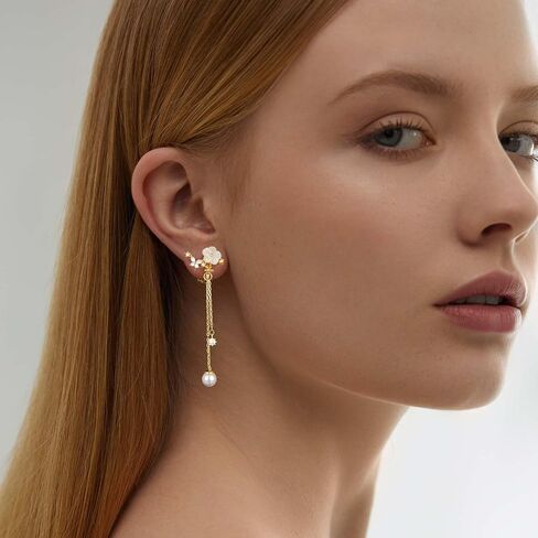 Clip on Earrings Dangle Pearl Drop Clip Earrings for Women Trendy Dangle Chain Dainty Flower Wedding Earrings for Brides 14K Gold Plated Statement Non Pierced Earrings for Women Sparkly Jewelry in Saudi Arabia
