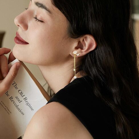 Clip on Earrings Dangle Pearl Drop Clip Earrings for Women Trendy Dangle Chain Dainty Flower Wedding Earrings for Brides 14K Gold Plated Statement Non Pierced Earrings for Women Sparkly Jewelry in Saudi Arabia