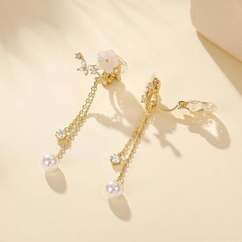 Clip on Earrings Dangle Pearl Drop Clip Earrings for Women Trendy Dangle Chain Dainty Flower Wedding Earrings for Brides 14K Gold Plated Statement Non Pierced Earrings for Women Sparkly Jewelry in Saudi Arabia