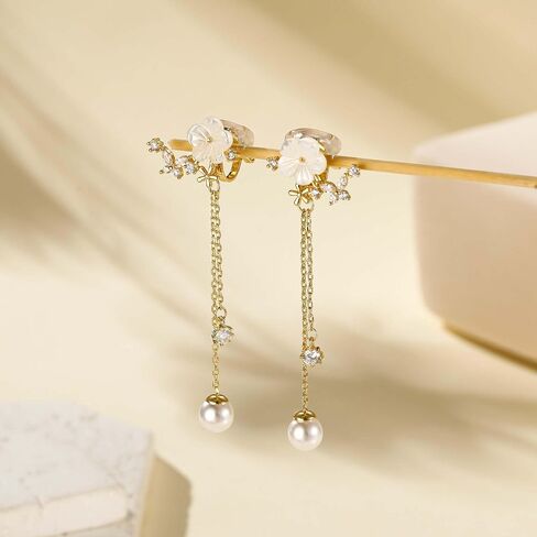 Clip on Earrings Dangle Pearl Drop Clip Earrings for Women Trendy Dangle Chain Dainty Flower Wedding Earrings for Brides 14K Gold Plated Statement Non Pierced Earrings for Women Sparkly Jewelry in Saudi Arabia